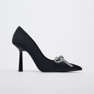 Zara Point Toe Embellished Bow Sculpt Heel Pumps